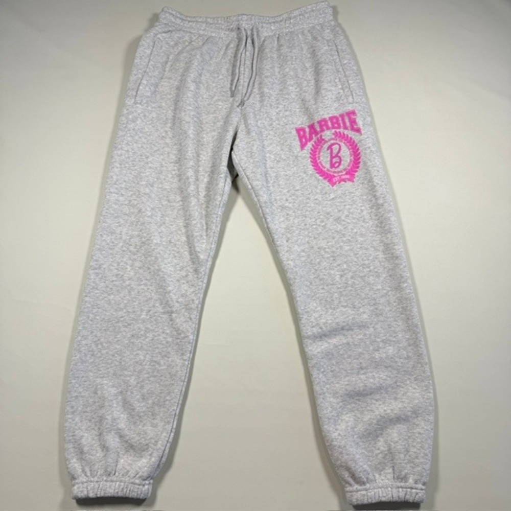 NEW Barbie Womens Heather Gray Pink Graphic Fleece Jogger Sweatpants Size L